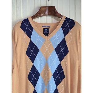 Pebble Beach Sweater Vest Mens XL Beige Blue Argyle V Neck Pima Cotton Knit Golf